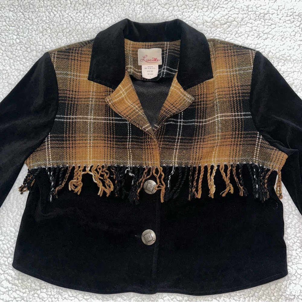 VTG Lucille plaid fringe country western cowgirl blazer jacket metal buttons L